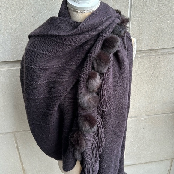 Pashmina Rabbit Trim Fur Shawl, Large Wrap Outerwear in Chocolate Brown Fringe - Picture 1 of 11